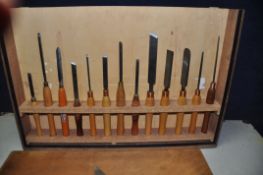 A BESPOKE CABINET CONTAINING FOURTEEN WOODTURNING CHISELS by Robert Sorby, Crown, Ashley Iles etc