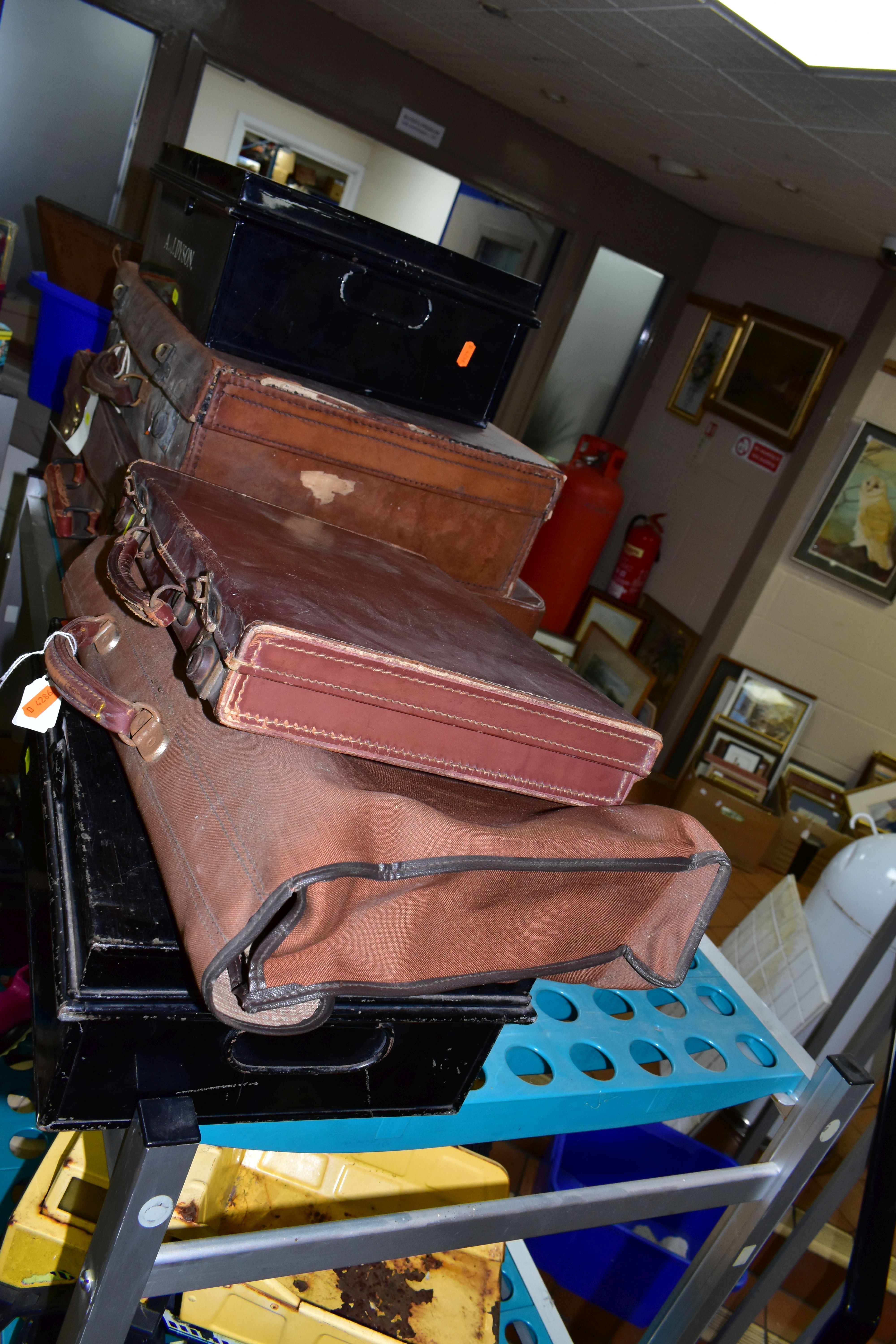 VINTAGE LUGGAGE AND DOCUMENT BOXES, comprising a brown Antler pigskin style case, approximate size - Image 3 of 4