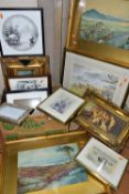 A BOX AND LOOSE PAINTINGS AND PRINTS ETC, to include two early 20th Century landscape watercolours
