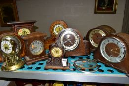 EIGHT WOODEN CASED VINTAGE MANTEL CLOCKS, to include Westminster chiming examples, most will require