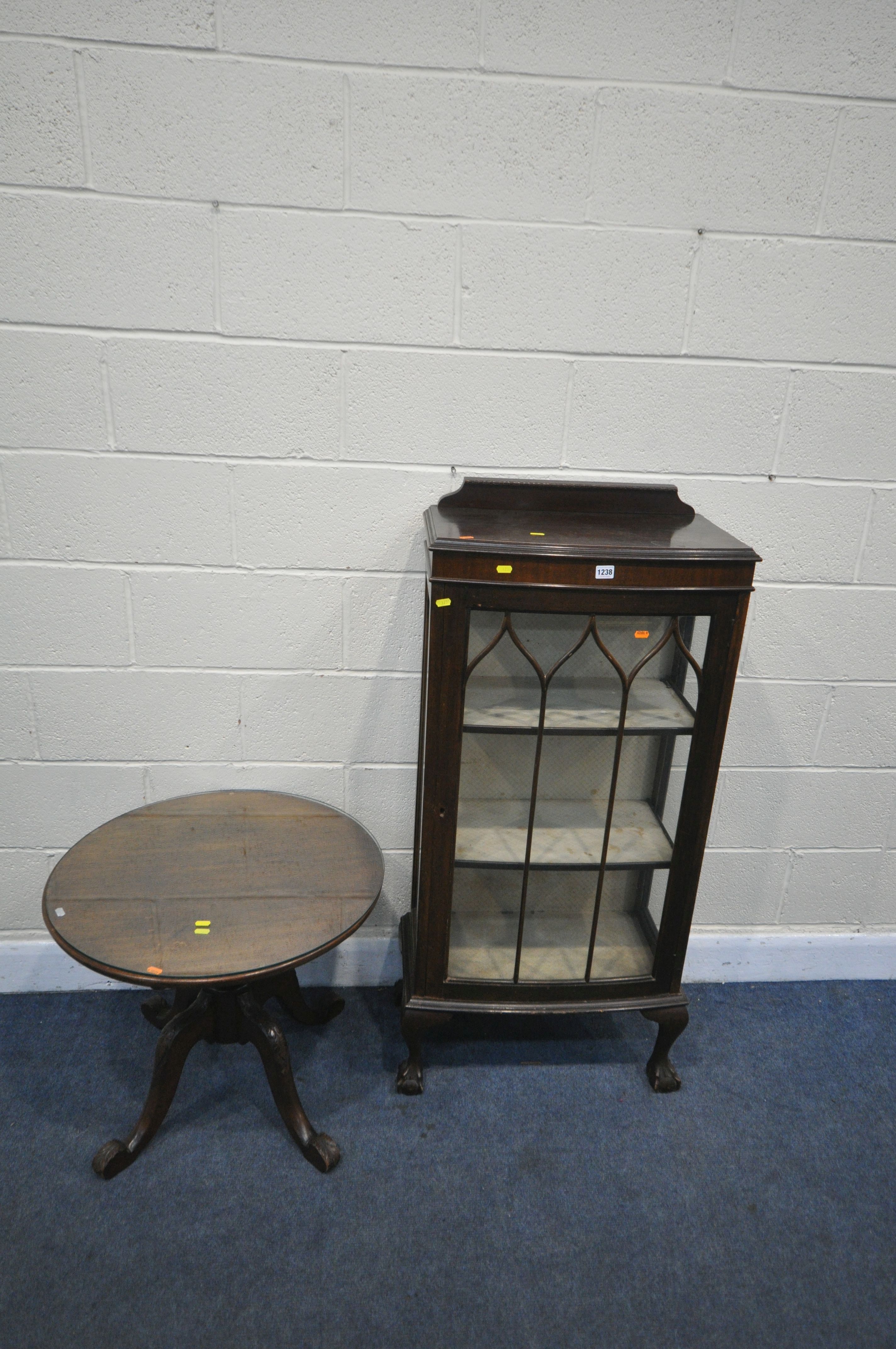 AN EARLY 20TH CENTURY MAHOGANY SINGLE DOOR DISPLAY CABINET, on ball and claw feet width 59cm x depth