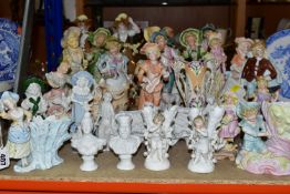 A QUANTITY OF GERMAN BISQUE FIGURINES, comprising a pair of Staffordshire figural posy vases (
