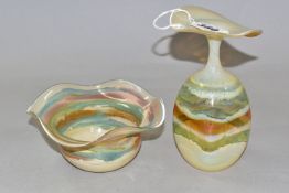 TWO PIECES OF ART GLASS PIECES BY DESIGNER KARL SCHMID, comprising a shaped vase with a thin neck