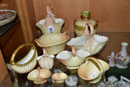 TEN ROYAL WORCESTER/LOCKE & CO BLUSH IVORY BASKETS, mostly modelled as wicker, with gilt details, to