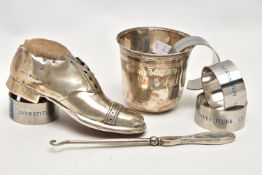 A SMALL PARCEL OF SILVER, WHITE METAL AND STAINLESS STEEL, comprising a George V gent's shoe pin