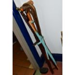 A COLLECTION OF WALKING STICKS, HORSE CROP AND SWAGGER STICK, comprising a miliary swagger stick