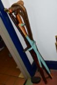 A COLLECTION OF WALKING STICKS, HORSE CROP AND SWAGGER STICK, comprising a miliary swagger stick