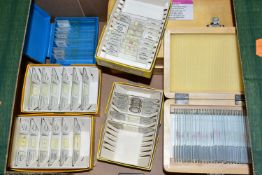 A BOX OF PRE-PREPARED MICROSCOPE SLIDES, to include approximately one hundred and sixty boxed