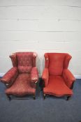 TWO LATE 19TH CENTURY MAHOGANY FRAMED WING BACK ARMCHAIRS, serpentine front, on cabriole front