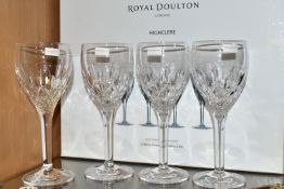 A BOXED SET OF FOUR ROYAL DOULTON CRYSTAL WINE GLASSES, in the 'Highclere' pattern (4 + box) (
