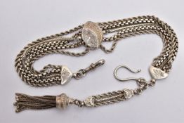 A WHITE METAL ALBERTINA, multi chain Albertina with sliding centre piece, tassel fitting with fish