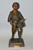 A BRONZED SPELTER FIGURE OF A BOY PLAYING A DRUM, titled 'Petit Tambour' or Little Drum to square