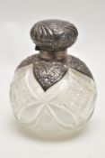 A LATE VICTORIAN SCENT BOTTLE, round glass bottle, fitted with a silver domed cover detailed with