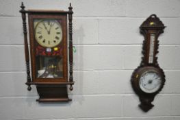 A 19TH CENTURY OAK CASED ANGLO-AMERICAN CHIMING WALL CLOCK, the door with Tunbridge ware,