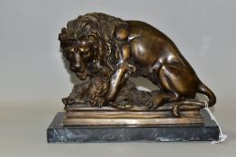 A BRONZE STUDY OF A LION, seated with its kill - a wild boar, on a marble plinth, length 30cm x