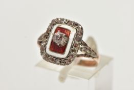A LATE 19TH CENTURY DIAMOND AND ENAMEL RING, a central rose cut diamond prong set in a raised