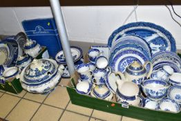 TWO BOXES OF BLUE AND WHITE DINNERWARES, comprising Wood & Sons 'Willow' pattern jugs, teapot,
