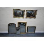 A SELECTION OF VARIOUS MIRRORS, to include two French gilt framed wall mirrors, 80cm x 58cm, a