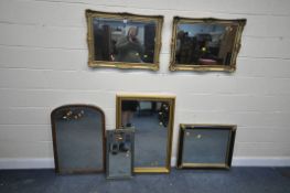 A SELECTION OF VARIOUS MIRRORS, to include two French gilt framed wall mirrors, 80cm x 58cm, a