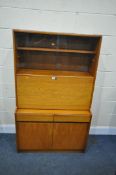 A MID CENTURY REMPLOY TEAK BUREAU BOOKCASE, with two glass sliding doors, a fall front door,