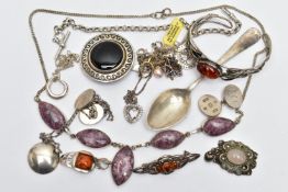 A BAG OF ASSORTED SILVER AND WHITE METAL JEWELLERY, to include a pair of oval silver cufflinks,