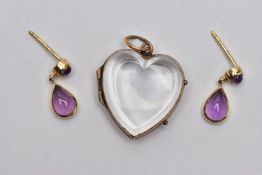 A QUARTZ HEART LOCKET AND A PAIR OF EARRINGS, the colourless polished quartz locket of a heart form,