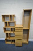 A SELECTION OF LIGHT OAK FURNITURE, to include a tall chest of seven drawers, with a mirrored hinged