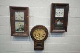 TWO 19TH CENTURY MAHOGANY WALL CLOCK, with an ogee shaped frame, and painted glass panel, width 40cm