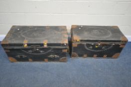 TWO VINTAGE TRAVELLING TRUNKS, the top with studded detailing and letters, one saying AAJ, the other
