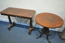 A REGENCY MAHOGANY SIDE TABLE, on twin turned supports, and bun feet, length 103cm x depth 52cm x