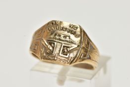 A GENTS YELLOW METAL WWII SIGNET RING, of a square form, detailed with a tank and inscribed 'ON NE