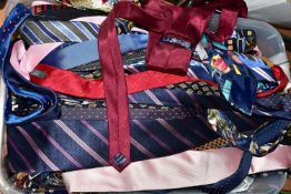 FIVE NEW AND UNUSED WAISTCOATS TOGETHER WITH A BOX OF ASSORTED NECK TIES, to include over fifty