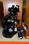 WILD HEERBRUGG M20 BINOCULAR MICROSCOPE, complete with wooden box and Kohler lamp, untested (1)