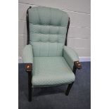 A GREEN UPHOLSTERED ARMCHAIR, with a mahogany frame, width 76cm x depth 82cm x height 106cm (