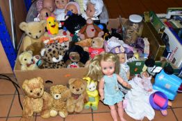 THREE BOXES OF TOYS AND GAMES, to include late twentieth century dolls by Pedigree and others,
