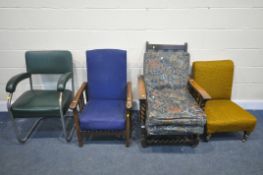 FOUR VARIOUS CHAIRS, to include an early 20th century oak barley twist reclining armchair, a beech