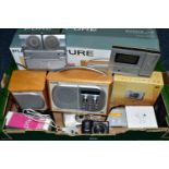 A BOX OF ELECTRONIC EQUIPMENT, to include a boxed Pure Evoke - 1S DAB & FM portable radio, with a