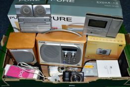 A BOX OF ELECTRONIC EQUIPMENT, to include a boxed Pure Evoke - 1S DAB & FM portable radio, with a