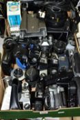 ONE BOX OF VINTAGE CAMERAS AND LENSES, to include a Zenit 11 35mm SLR camera body fitted with a