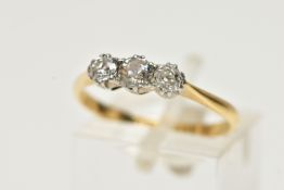 A THREE STONE DIAMOND RING, set with three old cut diamonds, estimated total diamond weight 0.35cts,