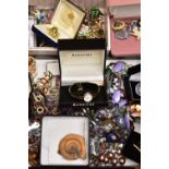 A BOX OF ASSORTED WATCHES AND COSTUME JEWELLERY, to include five wristwatches, names to include