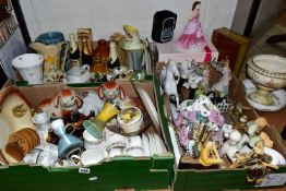 THREE BOXES OF CERAMICS AND ORNAMENTS, to include eight Blue Delft KLM- BOLS houses, a Shelley vase,