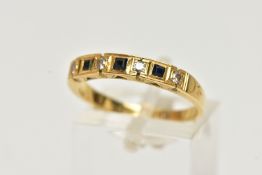 AN 18CT GOLD SAPPHIRE AND DIAMOND HALF ETERNITY RING, set with three square cut blue sapphires