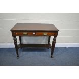 AN EDWARDIAN MAHOGANY SIDE TABLE, with two frieze drawers, on turned legs, united by an