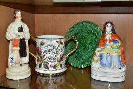 TWO VICTORIAN STAFFORDSHIRE POTTERY FIGURES AND TWO OTHER VICTORIAN CERAMIC ITEMS, comprising a