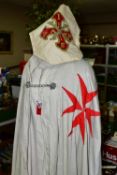 A REPLICA KNIGHTS TEMPLAR TUNIC AND CLOAK, together with enamel Knights Templar patriarchal cross