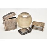 FOUR ITEMS OF SILVER / SILVER MOUNTED SMOKING RELATED ITEMS, comprising an Edwardian matchbox sleeve