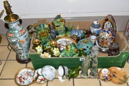 ONE BOX OF ORIENTAL CERAMICS, to include a table lamp, height 44cm, a pair if blue and green Chinese