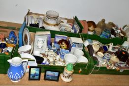 FIVE BOXES OF CERAMICS AND HOUSEHOLD ORNAMENTS, to include a box of cat ornaments, a collection
