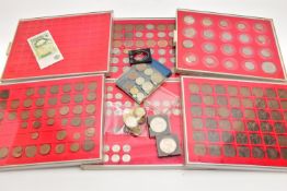 SIX LINDNER COIN TRAYS, some trays contain copper coins, old one pound coins, silver coinage pre